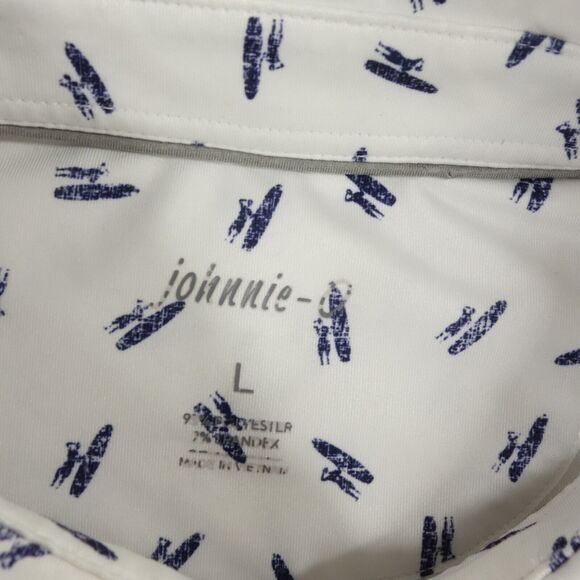 Johnnie O Polo Shirt Mens Large White Blue Golf Surf Logo All Over Print 4 Way - Picture 7 of 12